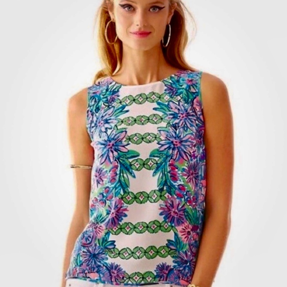 Lilly Pulitzer Iona Silk Sleeveless Blue and Purple Top with button down back.